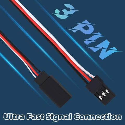 Close-up of male to female 3-pin servo extension cables demonstrating signal connection for Futaba JR RC systems.