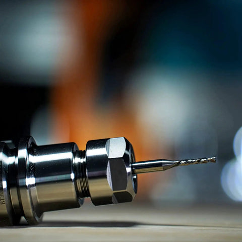 Up And Down Compression Spiral Router Bit For Woodworking And Engraving, close-up of 1/8 inch cutting diameter carbide end mill in machine