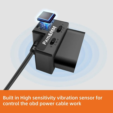 Dash Cam Constant Power Cable With OBD II Adapter showing built-in high sensitivity vibration sensor for control