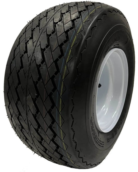 Four Pack 8 Inch White Golf Cart Wheels And 18X8.5-8 4 Ply Sawtooth Tires Set Fits Club Car Ez-Go Yamaha With 4 Lug On 4 Inch Bolt Pattern Ready To Install DOT Approved And Includes A 2 Year Warranty
