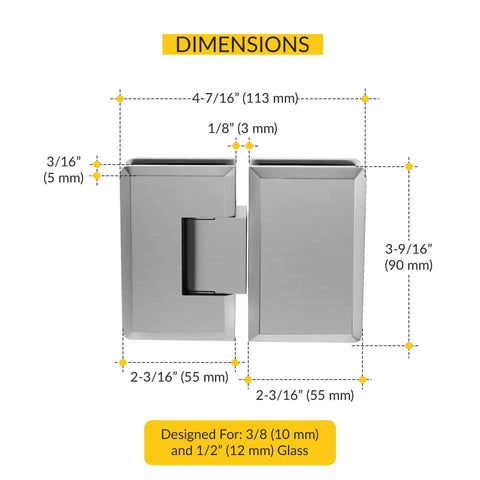 Dimensions of the heavy duty adjustable glass to glass shower door hinge 180 degree solid forged brass with satin chrome finish Brixwell.