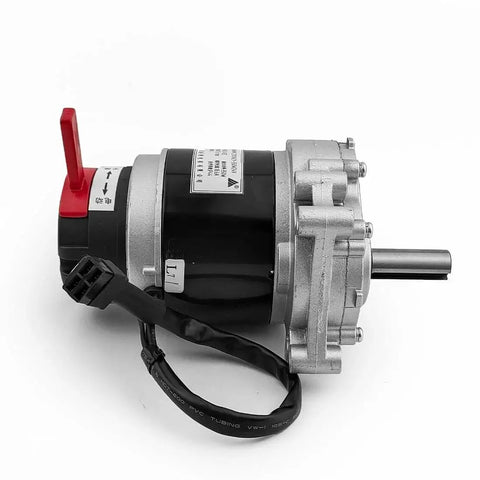 Side view of a 24V geared brush motor with red on/off lever, black body and silver gear housing.
