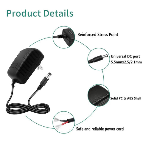 No Fuss 24V 1A Power Supply Adapter with 5.5x2.5mm DC plug, black casing, and reliable cord for LED strip lights and cameras.