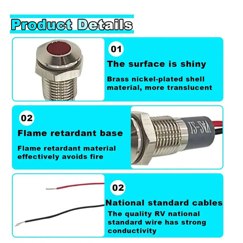 LED Signal Indicator Light 12V-24V AC DC Waterproof Panel Mount With Wire 8mm Hole for cars trucks boats, shiny surface, flame retardant