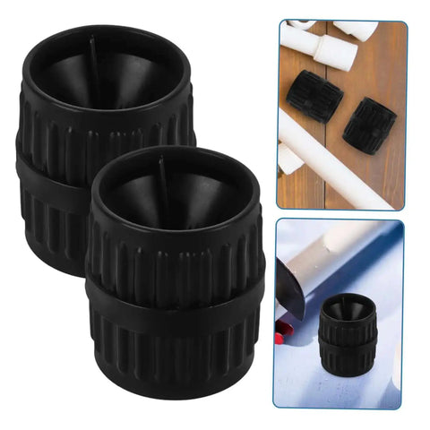 2 Piece Tube Cutter Set With Inner And Outer Reamer Deburring Tool for copper pipes and plumbing fittings, shown in use.
