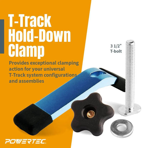 Beefy T Track Hold Down Clamp Set for Woodworking Two Pack Five And One Half Inch Long By One And One Eighth Inch Wide Blue Black Finish Works With Universal T Track And T Slot Systems Ergonomic Grips Includes Bolts Washers And Star Knobs.