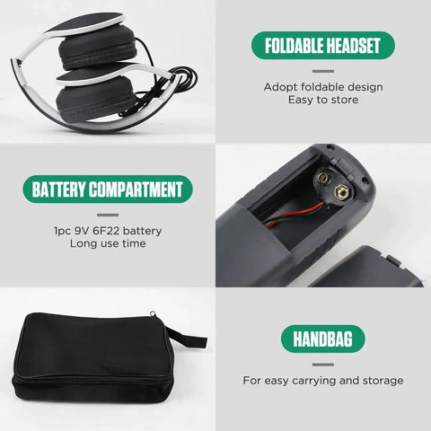 Ultrasonic leak detector accessories collage: foldable headset, 9V battery compartment, and carrying handbag.