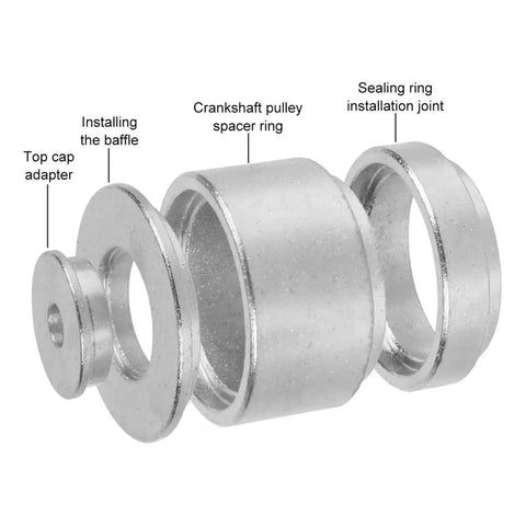 Exploded view of 22-piece universal automotive crankshaft pulley removal kit with spacers and seal rings, 28–64mm