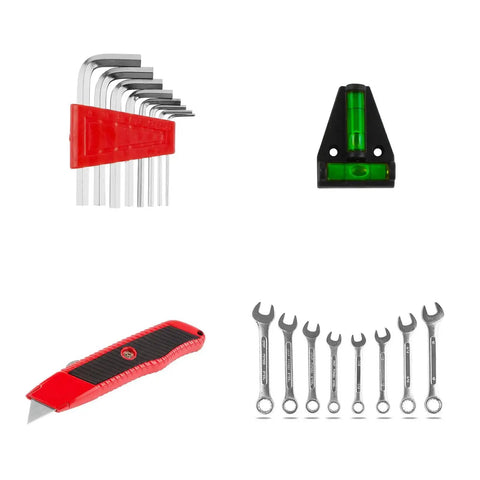 95 Piece Diy Tool Set With Portable Plastic Toolbox And Adjustable Wrench Pliers Socket Bits For Home Garage And Apartment Repairs Everyday Fixes Grab And Go, featuring hex keys, spirit level, utility knife, and spanner set.