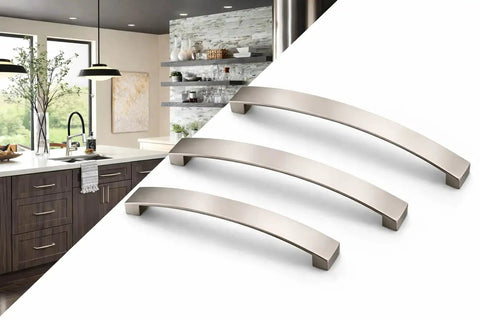 Curved Arch Cabinet Pulls Zinc Handle Bar 5.5 Inch Length with 5 Inch Center to Center Mounting, Brushed Nickel Finish in modern kitchen