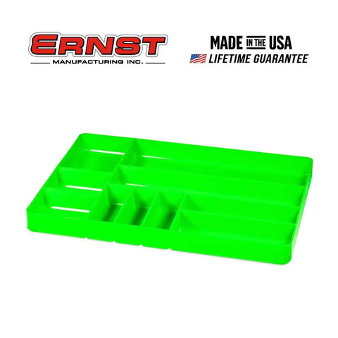 Green 10-Compartment Tool Organizer Tray For Garage And Workshop, shown in an empty state, highlighting multiple compartments.