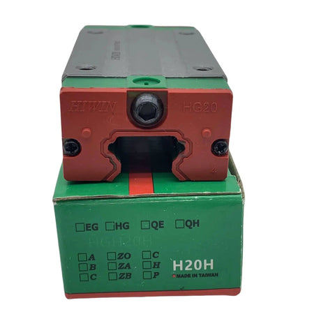 Front view of Beefy Linear Guide Rail Kit For HGH20 Series with carriage block and bearings on packaging.