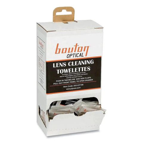 Front view of a Disposable Lens Cleaning Station With Premoistened Towelettes Pack Of 8 in a wall-mount dispenser.