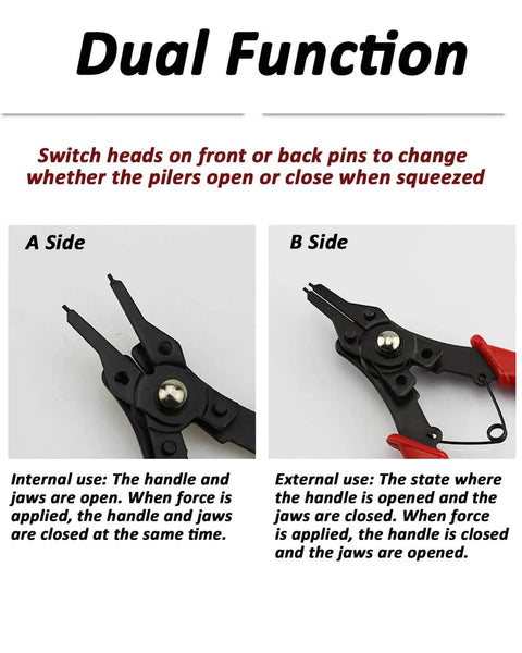 All In One Snap Ring Pliers Set With Interchangeable Jaw Heads For 45 90 And 180 Degree Angles, Heavy Duty C Clip Removal Tool shown in dual function mode