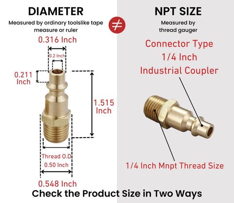 Brass air hose quick-connect MNPT plug kit, two-piece industrial Type D, shown with dimension diagram and angled fitting