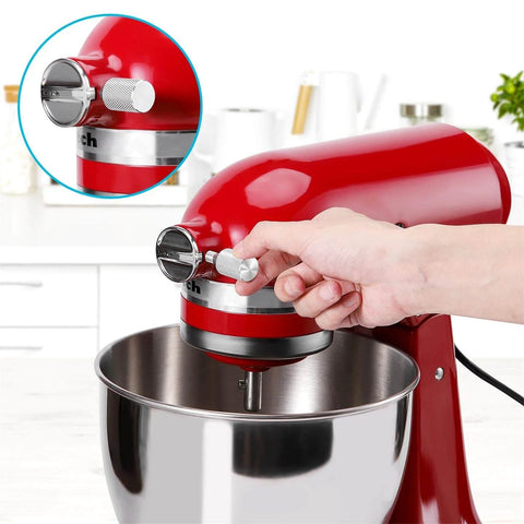 Two Pack KitchenAid Stand Mixer Attachment Hub Thumb Screws, Long Knob Replacement Parts, silver, installed on red mixer