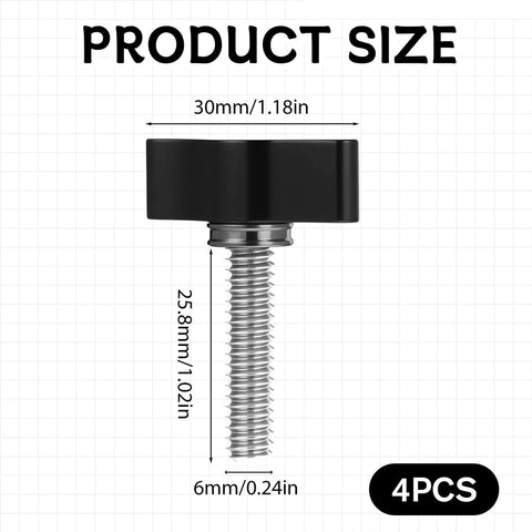Side view of Four Pack 1/4-20 Thumb Screws With Wing Knobs, Aluminum Knobs and Stainless Steel Threads, 1-1/4 Inch Long, Black