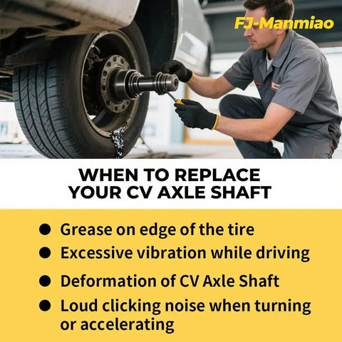 Mechanic inspecting CV axle shaft with list of replacement signs on display board next to vehicle