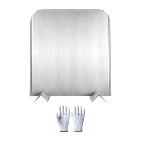 Stainless Steel Fireplace Heat Deflector With Adjustable Feet For Wood Burning Fireplaces, Easy Install Back Panel Backplate, shown with gloves