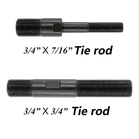 Two metal tie rods with dimensions 3/4 x 7/16 inch and 3/4 x 3/4 inch, displayed on a white background.