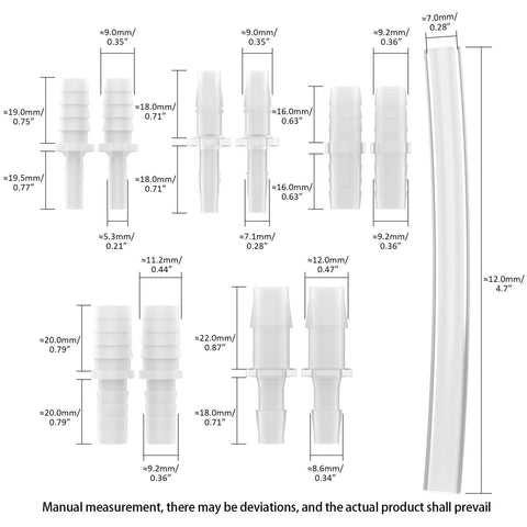 Female urination device connector set by Amazon, 10 hose barb fittings for urinal tube, sizes 1/5,7/25,7/20,11/25,47/100 in