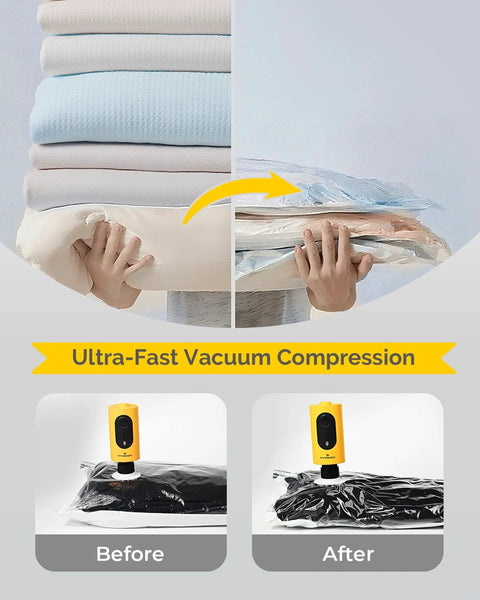 Portable air pump for inflatables, Amazon yellow cordless pump atop a vacuum storage bag.