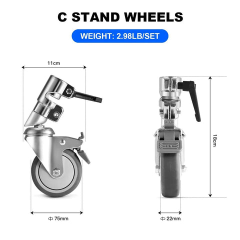 Swivel Caster Wheels Set For C Stand 25mm Legs Compatible With Takerers Neewer And Other 25mm C Stand Bases, side and front view