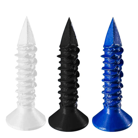 Close-up of 75 Piece 1/4 Inch Concrete Screw Anchor Kit With Blue Black White Flat Head Screws For Masonry Block Brick And Stucco