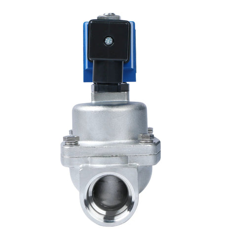1-inch stainless steel solenoid valve with blue actuator, front view, high-pressure industrial fluid control