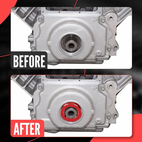 Before and after installation of Pro Grade LS Timing Cover Alignment Tool Kit In Red Billet Aluminum Front And Rear Cover Seal Installer.