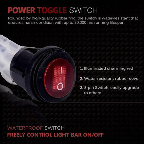 LED Light Bar Wiring Harness With Waterproof On Off Toggle Switch, close-up of red illuminated switch and rubber cover
