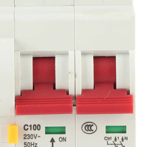 Front view of WiFi Enabled 220V 2 Pole Circuit Breaker For Home Use, 100A, Flame Retardant PA66 Shell, Tuya App Remote Control.