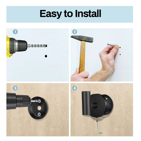 Installation steps for Two Pack Stainless Steel Black Matte Towel Hooks For Wall Mount And Door Hanger, using drill and screws.