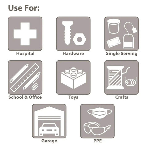 Icons indicating uses for TiltView Plastic Storage Cabinet With Tilt Out Bins A Versatile Organizer For Home Office School And Workshop Use As A Makeup Organizer Hardware Box Medical Supply Organizer And Teacher Toolbox.