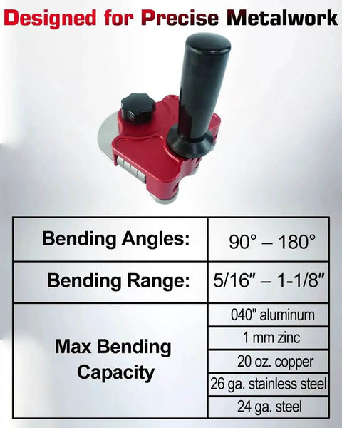 Top view of One Station Metal Disc Bender for Standing Seam Roofing and Sheet Metal Bending, showing handle and bending specs.