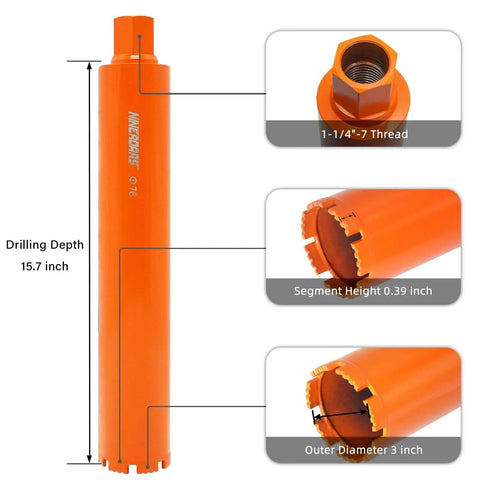 Three Inch Heavy Duty Wet Diamond Core Drill Bit For Concrete And Hard Masonry With One And One Quarter Inch 7 Thread Arbor 10 Mm Segment Height 15.7 Inch Overall Length Long Life Core Bit For Reinforced Concrete And Brick
