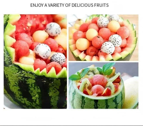 Artistic fruit bowls made from watermelons filled with mixed fruit balls and mint leaves, showcasing creative food decoration.