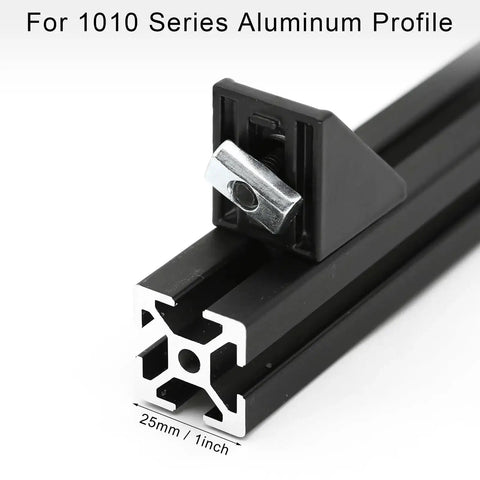 Close-up of a 20Pcs 1010 Aluminum Extrusion Corner Bracket with black finish, attached to a 1x1 inch 1010 aluminum profile for 10 Series rails.
