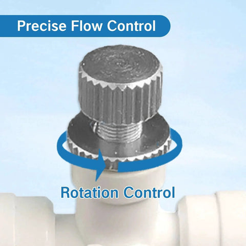 Quarter Inch Needle Valve For Water Flow Control And Pressure Regulator In RO Filter Systems Pro Grade Adjustable Flow Speed Controller Hose Meter Regulator POM Plastic Durable Fitting Connector showing rotation control mechanism.