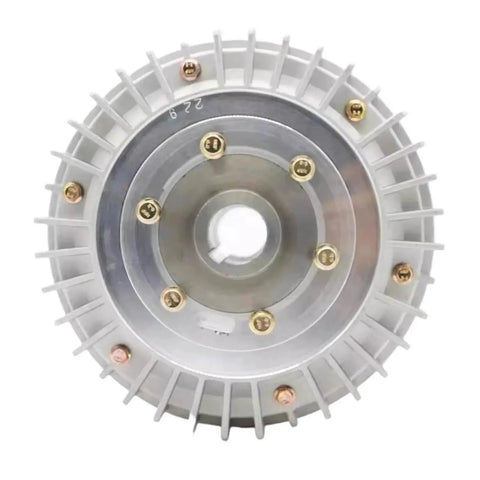 Electromagnetic powder brake with hollow shaft, gray aluminum housing and cooling fins, front view.