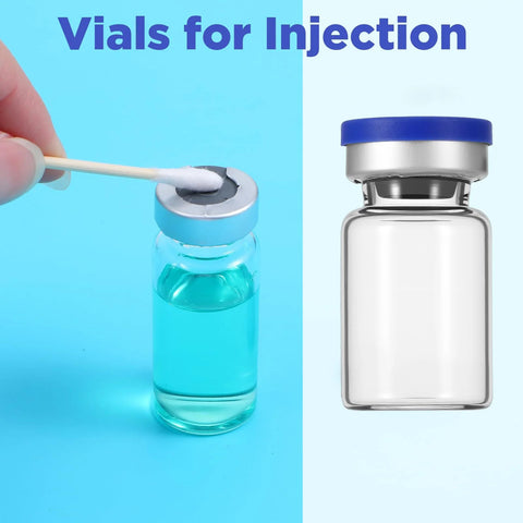 Sibba 10-pack glass injection vials, 5ml capacity, transparent with sealed blue caps.