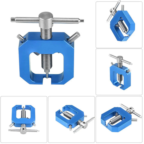 Mini RC Pinion Bearing Puller Stainless Steel Gear Puller For Small Gears, compact blue and silver tool, various angles