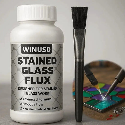8oz Liquid Solder Flux for Stained Glass Soldering Supplies and Electrical Repairs, water-based formula, bottle and brush visible