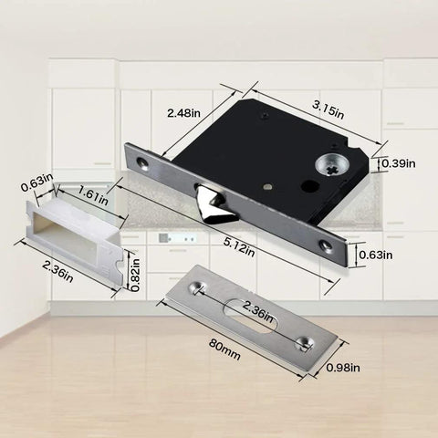 Invisible Barn Wood Sliding Door Lock Hardware With Cup Handle And Keys shown with detailed dimensions against a room background.
