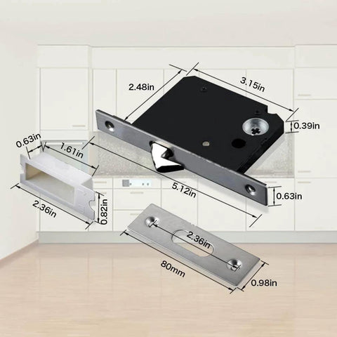 Invisible Barn Door Lock Set With Cup Handle And Keys In Silver Zinc Alloy Sleek Low Profile Pocket Door Hardware with measurements.