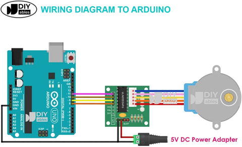 DIYables 28BYJ-48 ULN2003 5V stepper motor with driver attached to Arduino Uno and 5V power adapter
