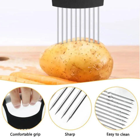 Crinkle Cutter Knife Set YuCool With Onion Holder Slicers Stainless Steel Kitchen Tool holding a potato for slicing.