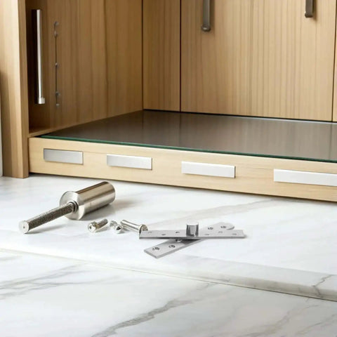 Six Pack 360 Degree Pivot Door Hinges Concealed Heavy Duty Stainless Steel Hidden Cabinet Hardware displayed on marble surface