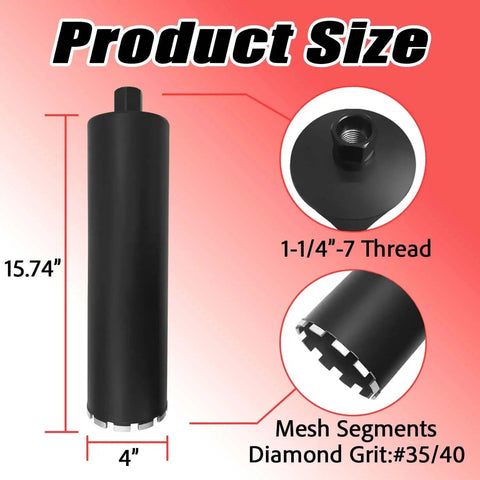 Heavy Duty Diamond Core Drill Bit For Concrete And Masonry, Four Inch Size With One Quarter To Seven Inch Thread, Laser Welded Segments