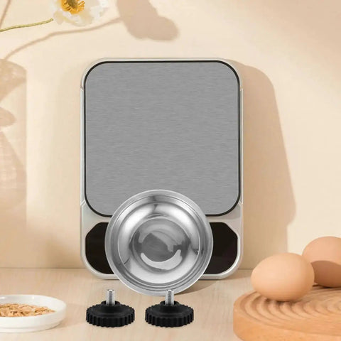 Stainless Steel Feet For Digital Kitchen Scales With Non Slip Rubber Bumpers Universal Replacement Parts For Precision Cooking And Baking Built To Last shown against a backdrop of eggs and kitchenware.